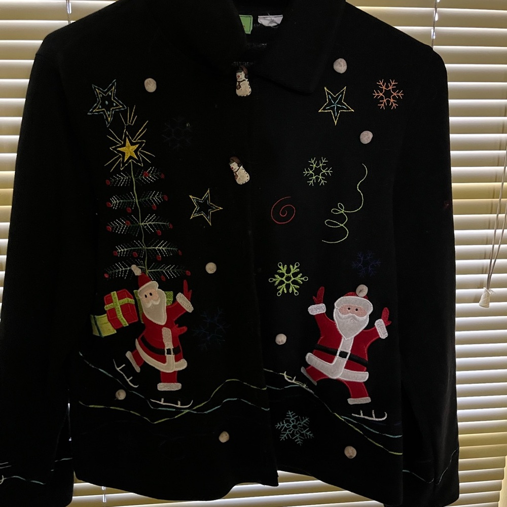Onque Woman Black Cardigan with Santa and Holiday Designs